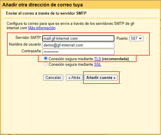 Imagen 8: Configurar la cuenta SMTP