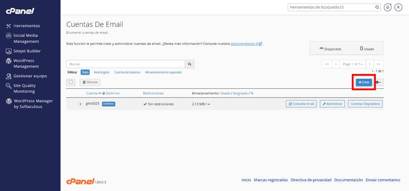 Botón Crear Cuenta de Email en cPanel