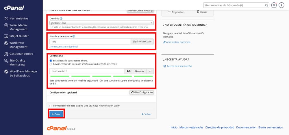 Opciones Crear Cuenta de Email en cPanel