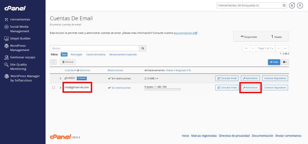 Cuenta de Email Creada en cPanel