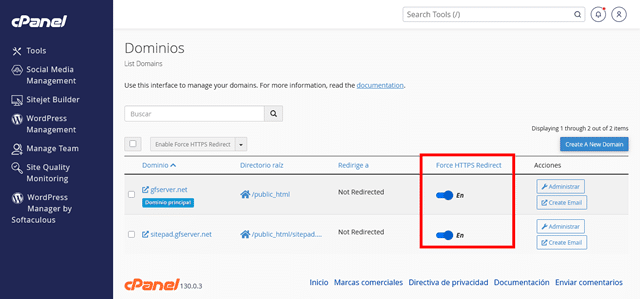 Activar redireccionamiento HTTPS en cPanel